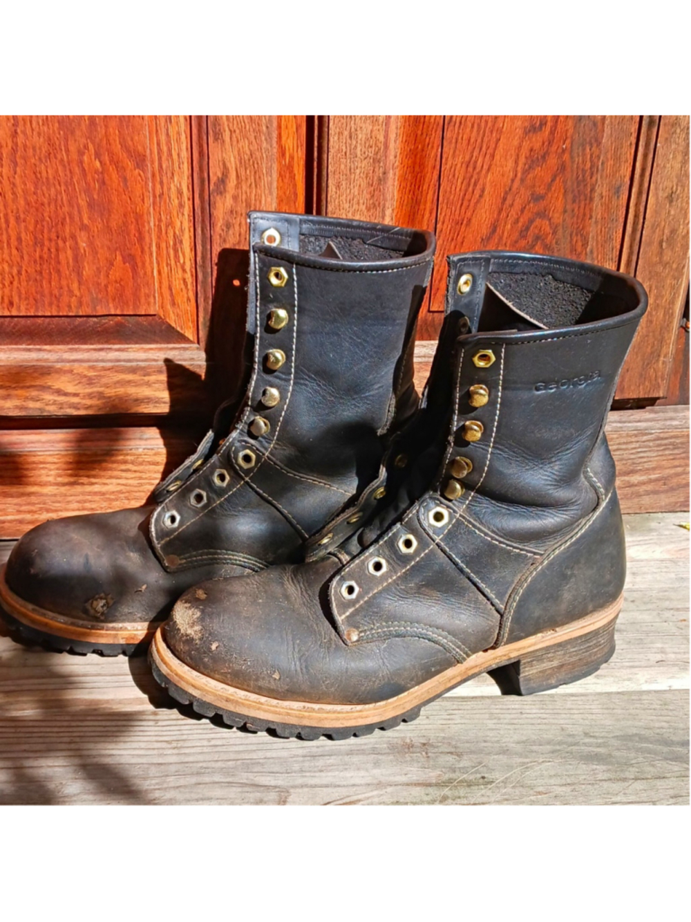 THRASHED VTG Georgia Giant Black Leather Lace-Up Work Boots 9W steel toe